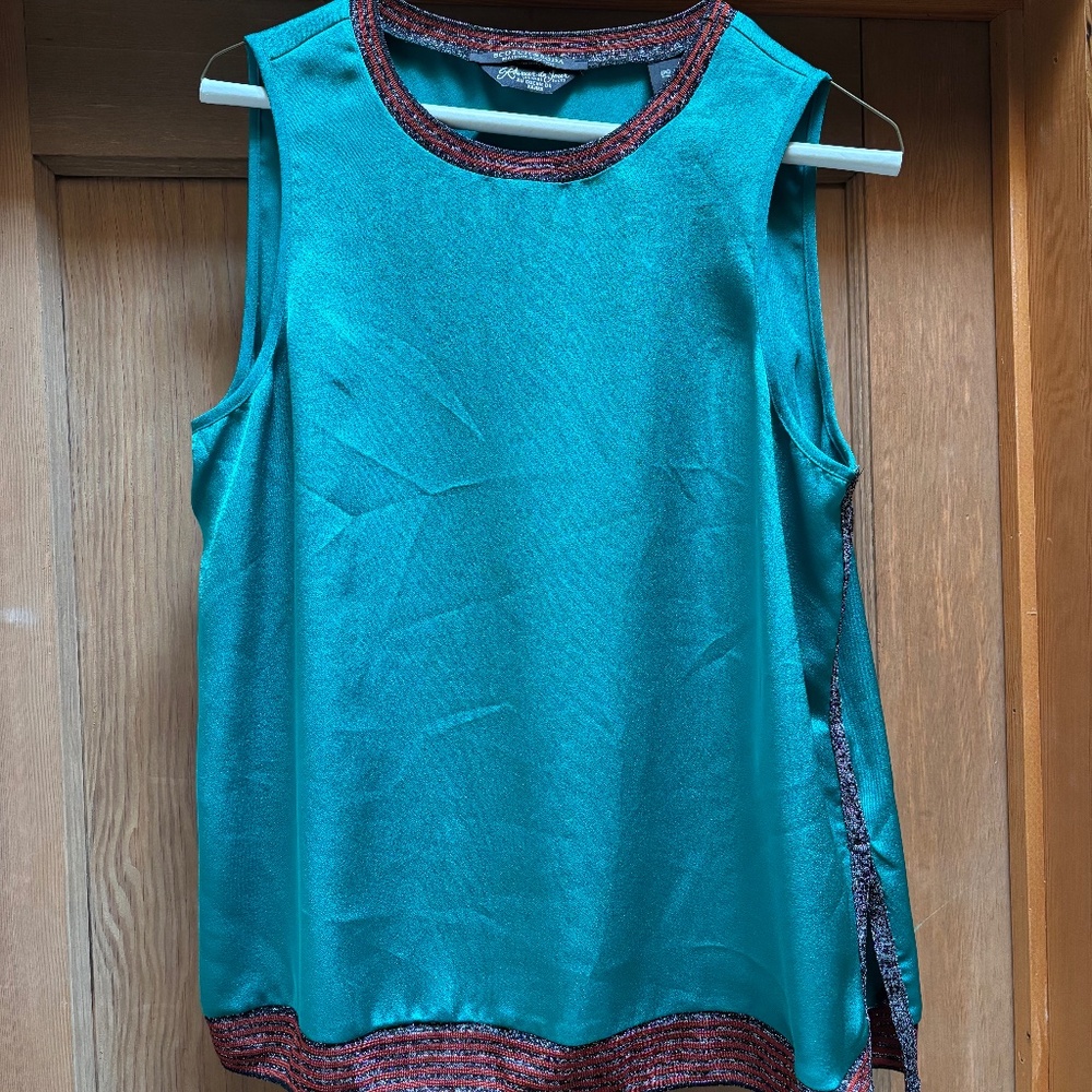 Sleeveless Teal Shimmer Tank with Multicolor Trim - Unbranded